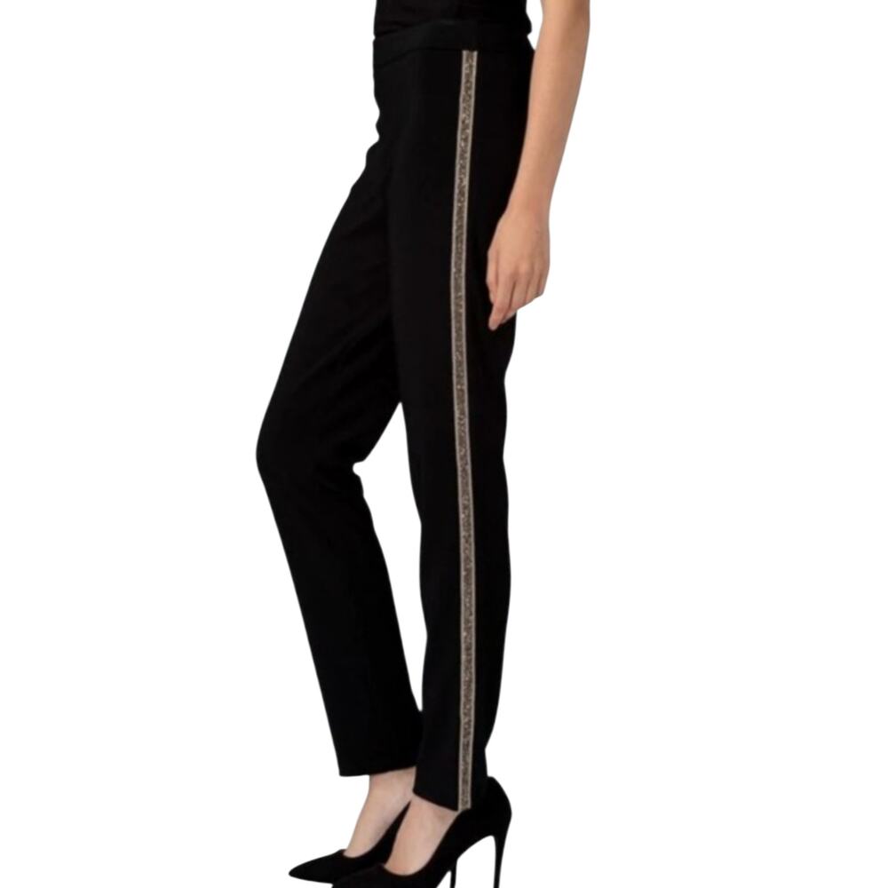 Women NWT Joseph Ribkoff Slim Fit Black Dress Pants Rhinestone Tuxedo Stripe 16